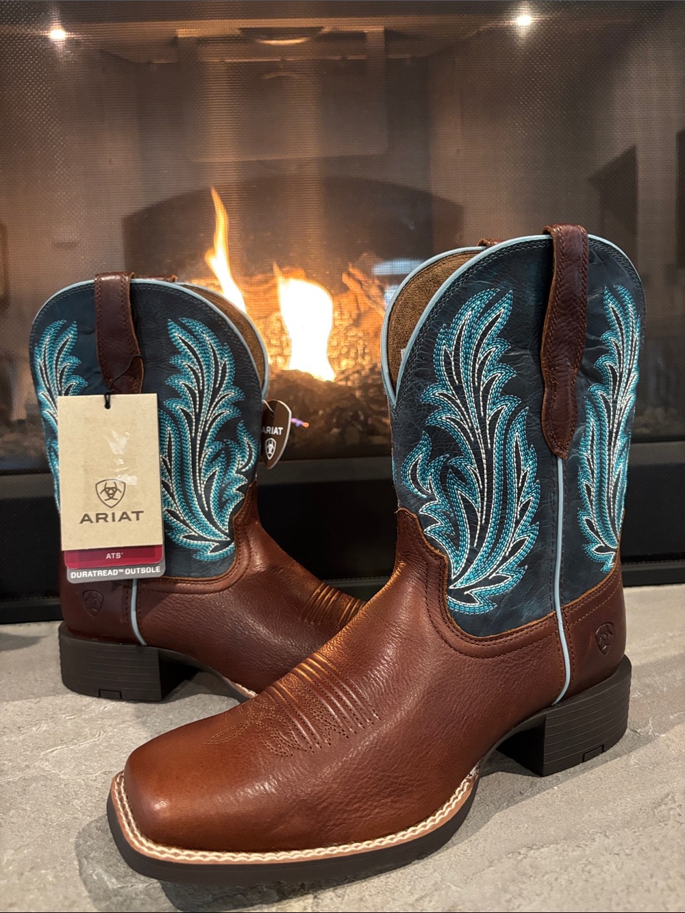 Ariat Round Up Filly Oiled Teak/Loyal Blue,Genuine Leather,Square,stitch,Western